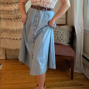 Light denim chambray button down midi skirt